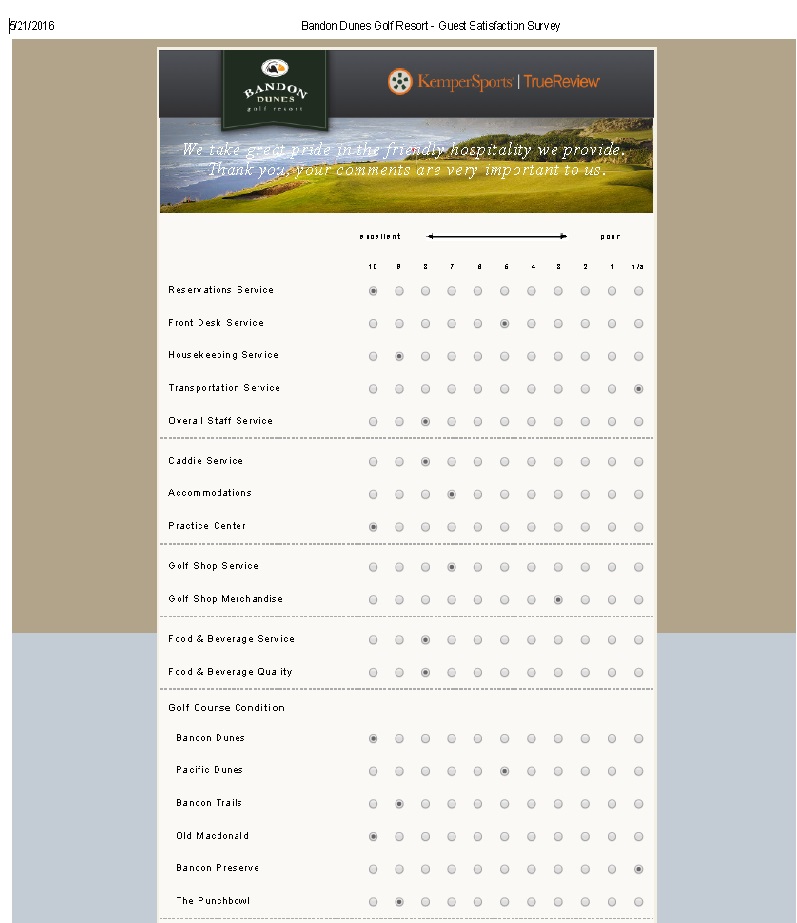 Bandon Dunes Golf Resort - Guest Satisfaction Survey - Survey Results